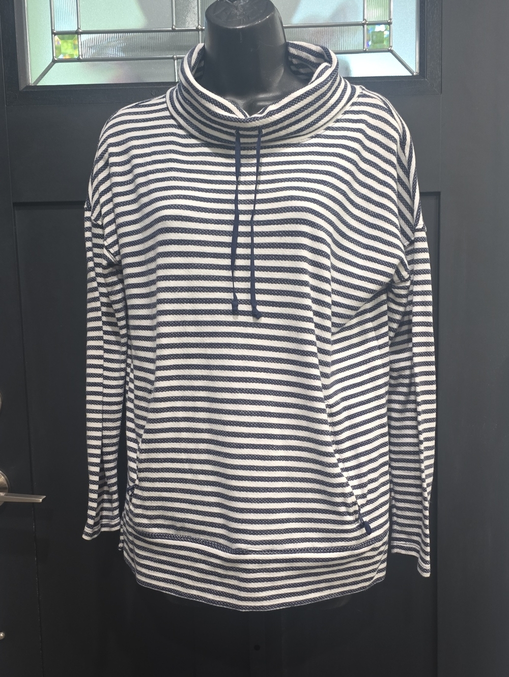 Talbots Navy & White Striped Funnel Neck Tunic with Drawstring Sz MP